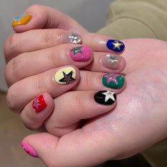 YICKYUE  -  10pcs Handmade Short Press On Nails Cute Cartoon Colorful Star Design Y2K Sweet Cool Fake Nail Wearable Nails Art Tip Spicy Girl
