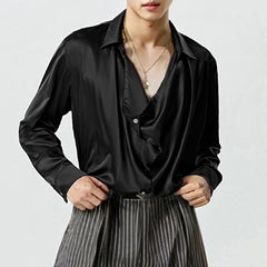Hearujoy French Style Silk Men's Shirt Spring Autumn Commuting Collar long sleeve Tops Streetwear Fashion Lightweight Loose Shirts