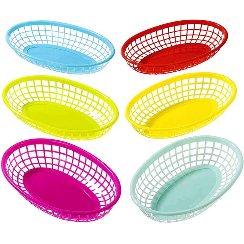 6 Pcs Colored Plastic Fruit Basket Desktop Storage Basket Vegetable Fries Hot Dog Snack Plate Burger Basket