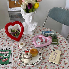 Yickyue Korean Heart Shape Mirror Ins Style Wall Mounted Desktop Dual Purpose Small Makeup Mirror Decoration Portable Creativity Gift
