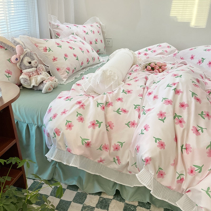 Yickyue Fresh Flower 4pcs Bedding Sets Skin-Friendly Soft Comforter Bedding Sets Bed Sheets Pillowcases Duvet Cover with Lace for Girls