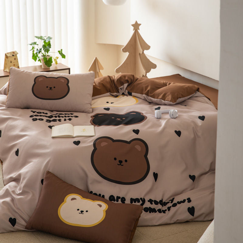YICKYUE  -  Cute Cartoon Print Bedding Set Japanese Korean Duvet Sets 3 4 Pcs  Bedsheet Bedroom Dormitory Hotel Homestay Home Decoration