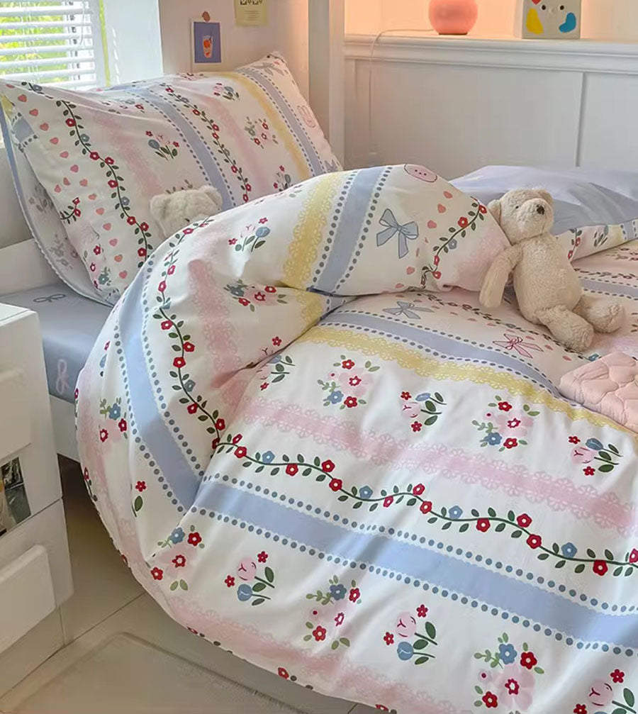 YICKYUE  -  Cute colorful blue pink flower rabbit bow bedding set,twin full queen king cotton home textile bed sheet pillow case quilt cover