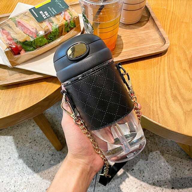 Simple Fashion Straw Water Bottle For Girls Adult Outdoor Portable Strap Cute Student Transparent Plastic Cup For Drink BPA Free