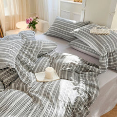 Yickyue 100%Cotton Bedding Set Striped Jacquard Lace Ruffles Bed Linen Sets Queen/King Cotton Bed Sheet Set with Ruffles Duvet Cover