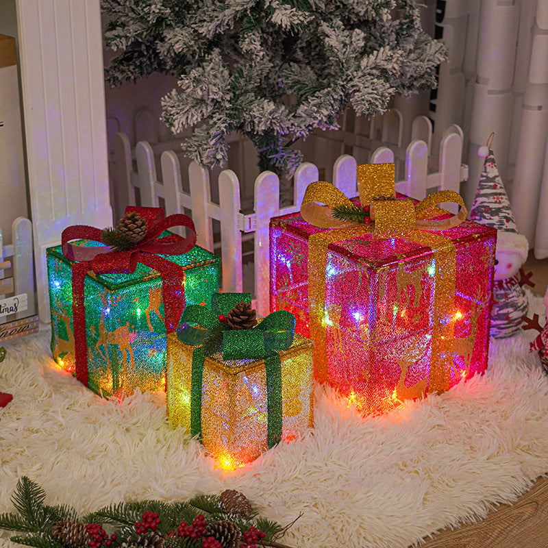 YICKYUE  -  3pcs Christmas Glowing Gifts Box LED Light Up Present Boxes Case Ornaments Under Xmas Tree Decor Home Theme Party Supplies