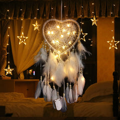Heart Dream Catcher Boho Home Decor White Pink Feather Beaded Dreamcatcher with Lights Christmas Decoration Girl Nursery Decor