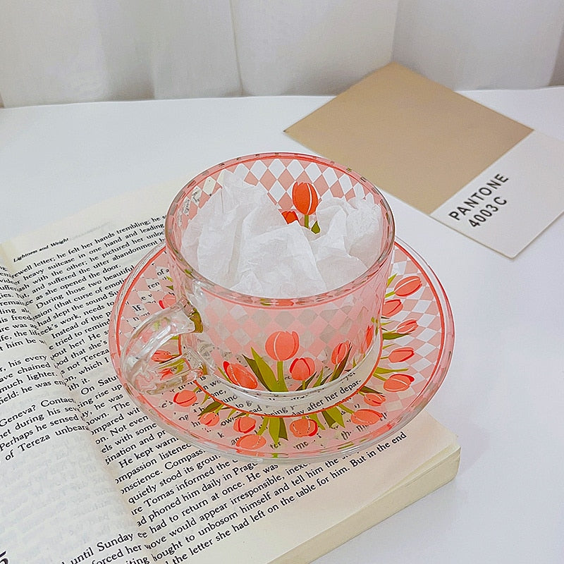 Korea Nordic Tulip Transparent Glass Coffee Cup Flower Coffee Cup Saucer Flower Glass Afternoon Tea Water Cup Saucer Drinkware