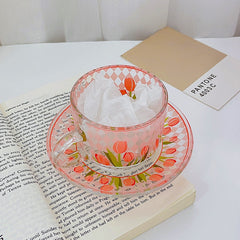 Korea Nordic Tulip Transparent Glass Coffee Cup Flower Coffee Cup Saucer Flower Glass Afternoon Tea Water Cup Saucer Drinkware