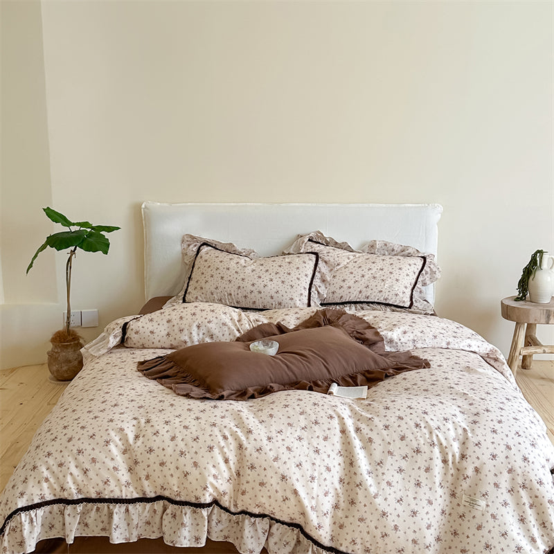 YICKYUE  -  Vintage French Floral Lace Ruffles Bedding Set 100% Cotton Double Layer Yarn Duvet Cover Flat/Fitted Bed Sheet Pillowcases 4Pcs