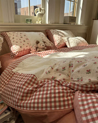 Yickyue  -  Romantic sweet flower plaid red lace bedding set,full queen king fairyfair cotton home textile bed sheet pillow case quilt cover