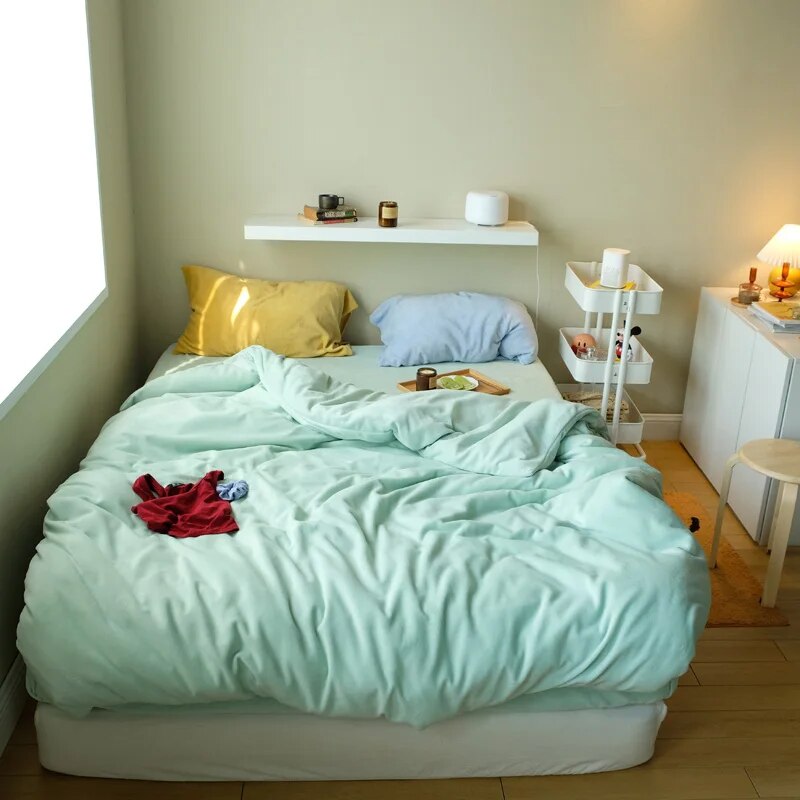 Yickyue Milk Fleece Bedding Set Candy Color Home Linens Korean Style Bedclothes Warm Flat Sheet Pillowcase Solid Flannel Velvet Thicken