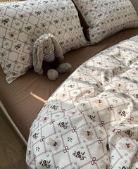 YICKYUE  Cute vintage rabbit flower bow bedding set kid,twin full queen retro brown cotton home textile bed sheet pillow case quilt cover