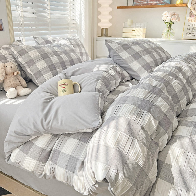 Yickyue Cute Princess Seersucker Bedding Set For Women Washed Cotton Ruffle Bed Skirt Sheet Sets King Queen Size Bed Linens Decor Home