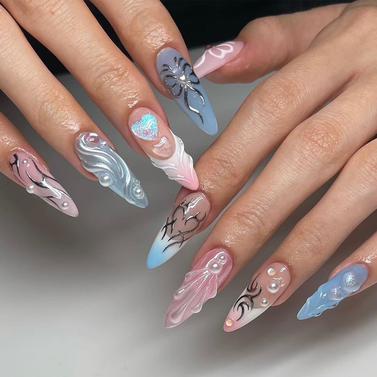YICKYUE  -  24pcs Blue Long Stiletto Fake Nails Pearl Press on Nails Bright Hot Girl Fake Nails with 3D Seashell Flower Full Over Nail Tips