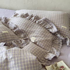 YICKYUE  -  French Ruffled Purple Gingham Cotton Gauze Bedding Set – 4-Piece Korean Fresh Style