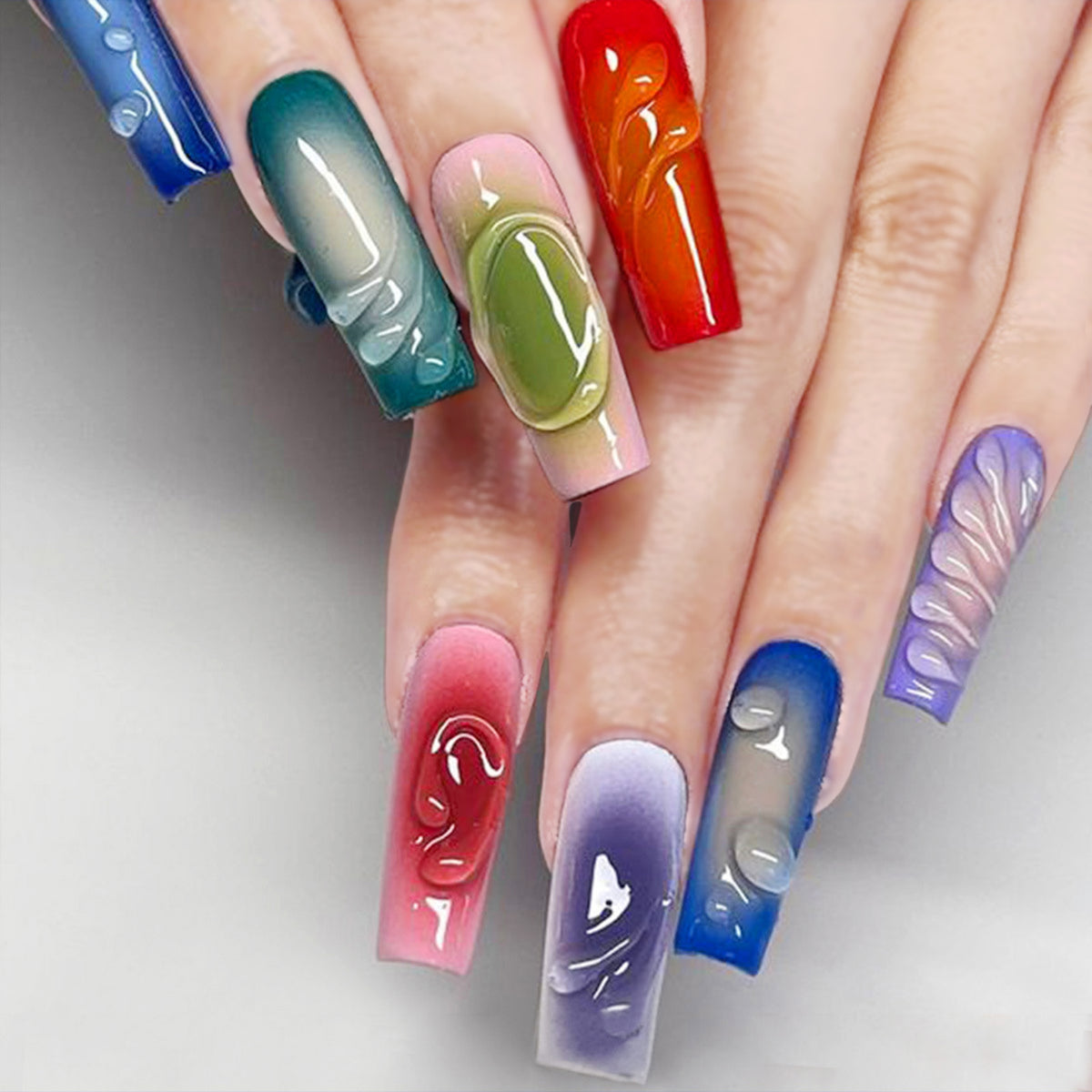 YICKYUE  -  24PCS Long Ballet y2k Nail with 3D Water Stripe Decor Coffin Reusable Adhesive False Nails Wearable Colorful Fake Nails Press On