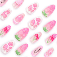 YICKYUE  -  24pcs Sweet Pink Fruit Style False Nails 3D Cherry Strawberry Design Ins Korean Cute Fake Nail Tips Girl Wearable Press on Nails