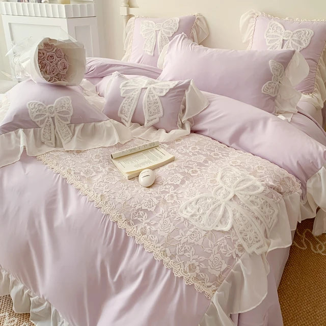 YICKYUE  -  Korean Princess Wind Bedding Set Lace Bow Solid Color Beautiful Edge Lace Pleated Bedding Cover Luxury Girl Wedding Home Bed