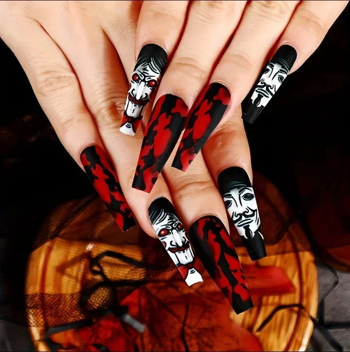 YICKYUE  -  24Pcs Halloween bloody face Press on Nail Long Nude Color Crescent Moon Wearable Nail for Women and Girl Finished Nail Art