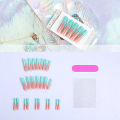 YICKYUE  -  24pcs 3D Water Drop Fake Nail Patches Green French Press on Nail Full Cover Wearable Summer Extra Long Ballet False Nail Patches