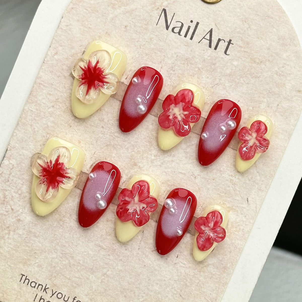 YICKYUE  -  10pcs Handmade Press on Nails Ins 3D Hand-painted Red Flower False Nail Wearable Full Cover Yellow French Almond Fake Nail Tips