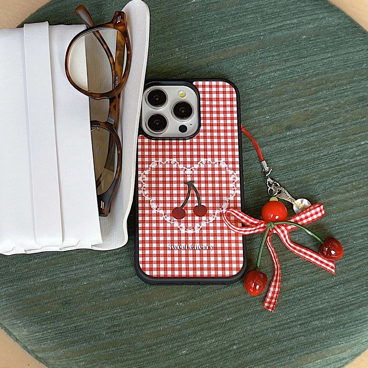 YICKYUE   -  Ins Red Check Love Heart Phone Case For Iphone 15Pro 12Pro 15 14 13 12 Pro Max 14Promax 3D Cherry Bowknot Pendant Cover Fundas