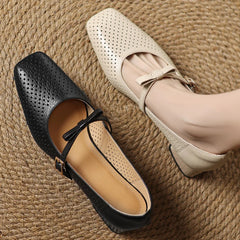 YICKYUE  -  Plus size 34-41 women's hollow-out sheepskin sweet bowtie metal buckle slip-on pumps 4cm thick med heel elegant ladies heels hot