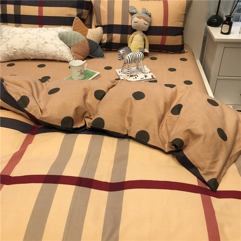 Yickyue 100%Cotton Bedding Set Luxury Brown Plaid Stripe Pattern Pillow Cover Sheet Quilt Cover Boys'/ girls' Bedroom Queen King Twin