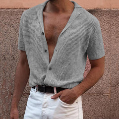 Hearujoy Summer Newest Men Short-sleeved Knitted Polo Blouse Tees Cardigan Vintage Casual Lapel Breathable Ice Silk Shirt Sweater T-Shirt