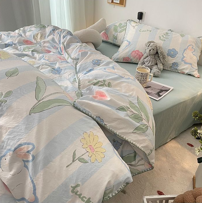 Cute Flower Bedding Set Cotton For Girl Twin Full Queen Size  Couple Fitted Bed Sheet Pillowcase Bedroom Duvet Cover