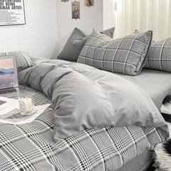 Yickyue Bedding Set Washed Cotton Yarn-dyed Plaid Unprinted Style Four-piece Set Solid Color Double-matching Brushed Quilt Cover Linens