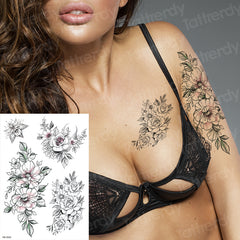 YICKYUE  -  sketches tattoo designs 6pcs/lot fox rose flowers tattoo sticker women girl sexy body tattoos black big size waterproof decal