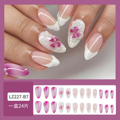 YICKYUE  -  24pcs Long Almond Fake Nails Press On Acyrlic Nails Wearable White French False Nails with 3D Purple Crystal Flower Decoration