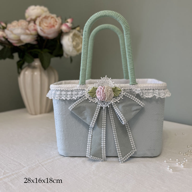 YICKYUE  -  Pastoral Picnic Basket Wedding Flower Basket French White Lace Velvet Hand Basket Romantic Bow Home Decor Storage Organizer