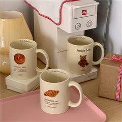 Ins Croissant Bear Printed Mug 350ml Ceramic Coffee Latte Cup Breakfast Milk Cup High Temperature Ceramic Water Cup