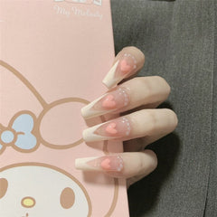 24pcs Long Ballerina False Nails V Shape Simple Heart Wearable Coffin Heart Fake Nails Full Cover Ballet Nail Tips