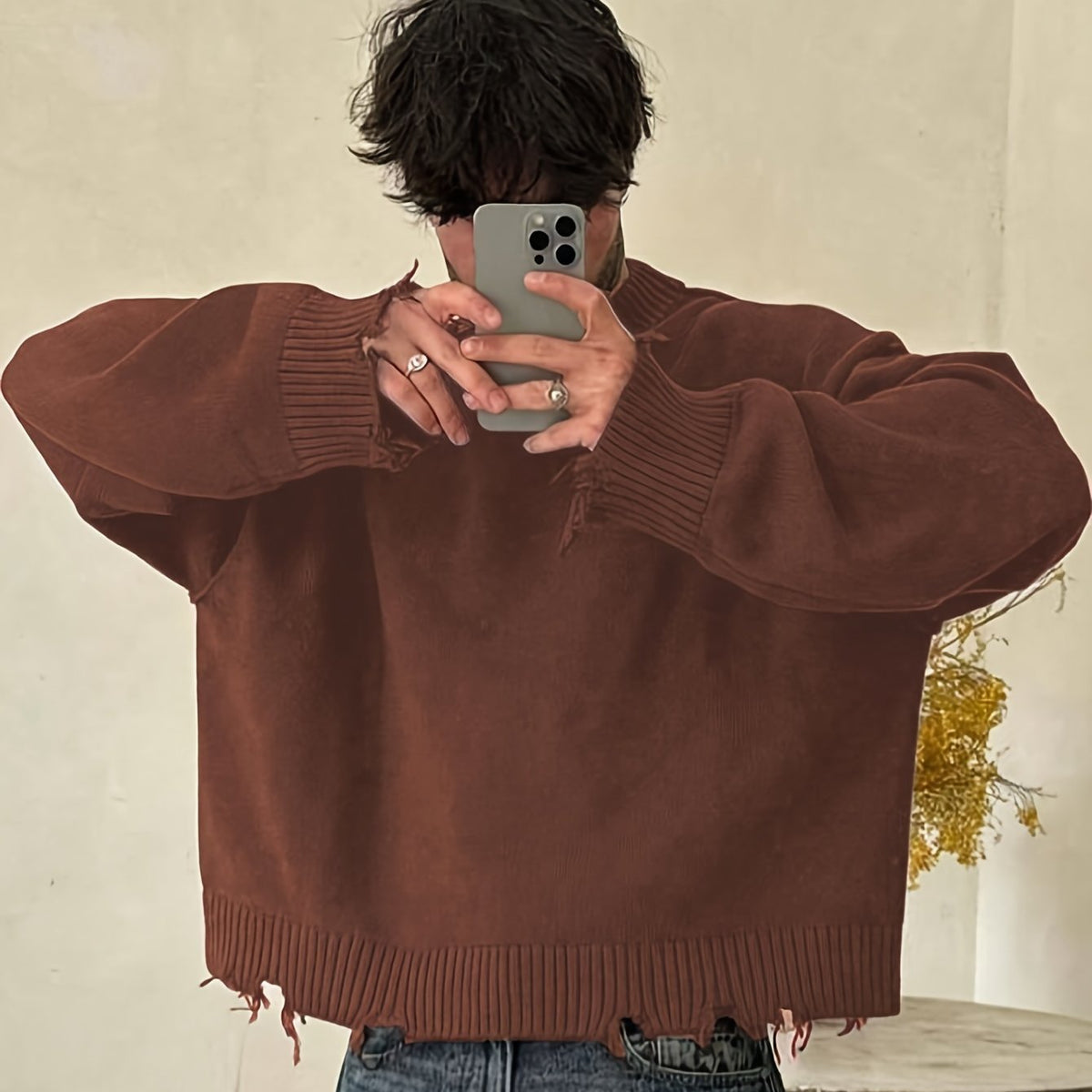 Hearujoy Men's Loose Solid Ripped Knitted Pullover, Street Style Long Sleeve Crew Neck Sweater For Fall Winter