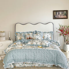 Yickyue 100% Cotton Blue Pastoral Style Flowers Printed Duvet Cover Ultra Soft Lace Ruffle edge Bedding Sets Bed Sheet 2Pillowcases 4pcs
