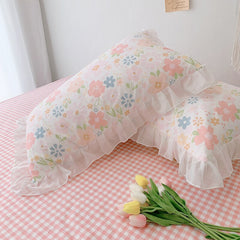 Cilected 100% Cotton Lotus Leaf Lace Pillowcase Ins Pastoral Style Single And Double Small Floral Cushion Cover With Zipper 2PCS