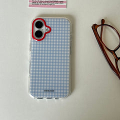 YICKYUE  -  Ins Simple Blue Grid Pattern Red Flower Bracket Phone Case for iPhone 16 15 14 13 Pro Max Back Cover Fund