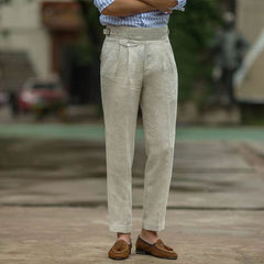 Hearujoy British Style Men Gurkha Linen Pant High Waist Straight  Ankle-Length Pants Spring Summer High Quality Thin Casual Loose Trouser