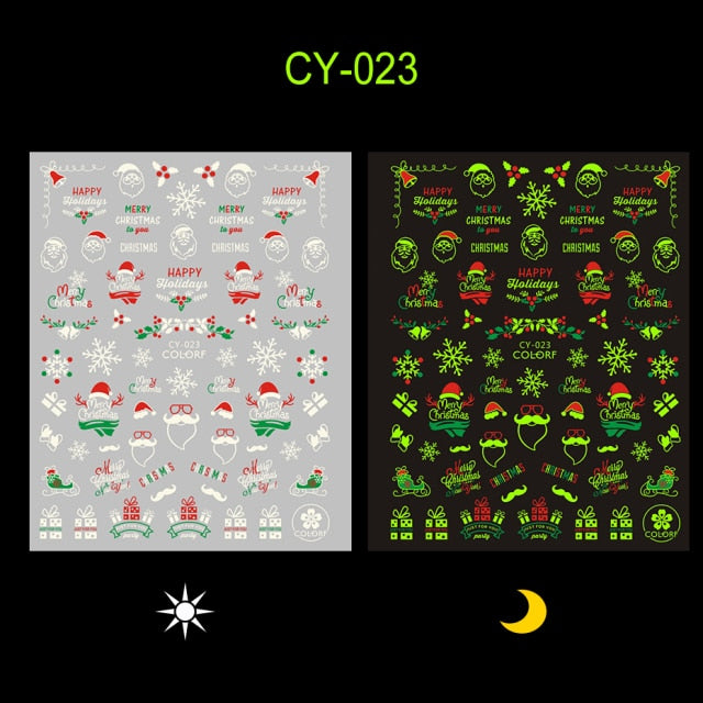 Merry Christmas Luminous Nail Stickers Fluorescent Xmas Winter Sliders for Nails Charms Glow in Dark Manicure Decals BECY019-027