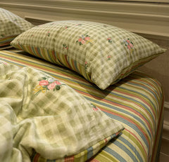 YICKYUE  -  Vintage stripes plaid flower bedding set teen,twin full queen king retro cotton home textile bed sheet pillow case quilt cover