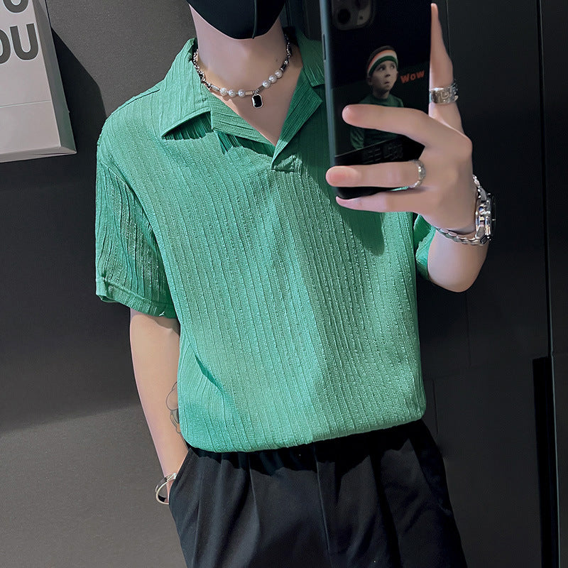 Hearujoy Korea Style Ice Silk Polo Shirt Mens Loose Solid Color Short Sleeve Lapel V-neck Quick Dry Tee Top Summer Casual Tshirts For Men