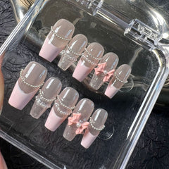 YICKYUE  -  10pcs New Handmade False Nails French Pink Bow Pearl Fake Nail Patches Wearable Detachable Lovely Ballet Lady Press on Nails