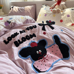 YICKYUE  -  Girl Cartoon Bedding Set Apple Dog Towel Embroidered Water Washed Cotton Four Piece Sets Beds Sheet Student Dormitory Home Decor