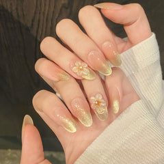 YICKYUE  -  10pcs Handmade Press on Nails Gradient Gold Cat Eye Round Head Fake Nails with Yellow Flower Wearable Reusable False Nail Tips