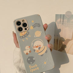 Space duck leather phone case cute cover for iphone 11 12 mini 13 pro max 7 8 plus xs max xr x cartoon funda conque capa