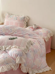 Yickyue New Winter Rose Velvet Bedding Set Romantic Lace Ruffles Comforter Sets Fluffy Milk Velvet Duvet Cover Set Eldense Bed Sheet